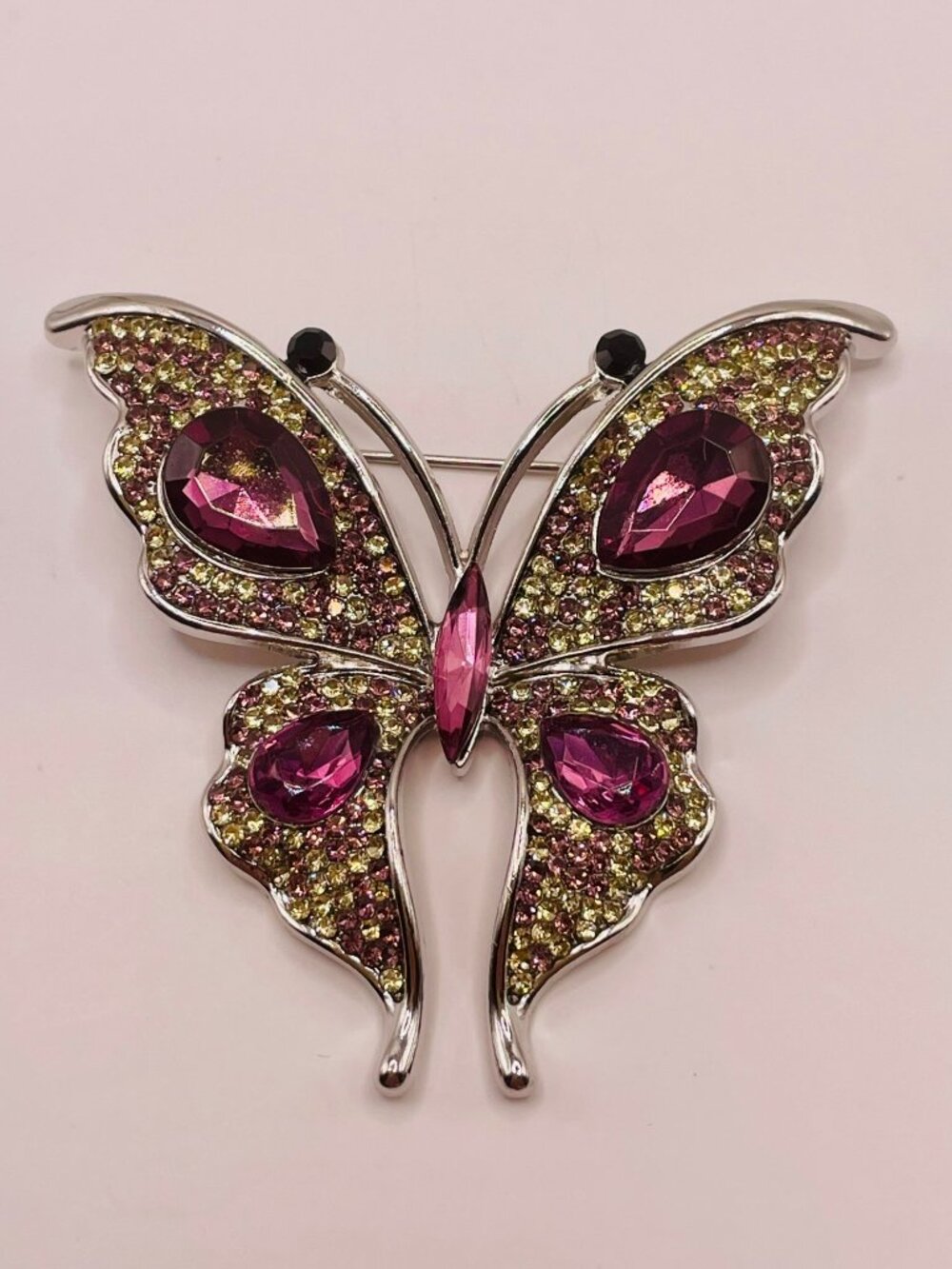 Butterfly Brooch Pin Purple/Pink Rhinestones Silver Tone -116B